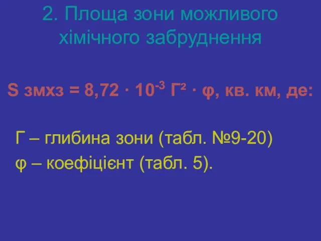 2. Площа зони можливого хімічного забруднення S змхз = 8,72 ·