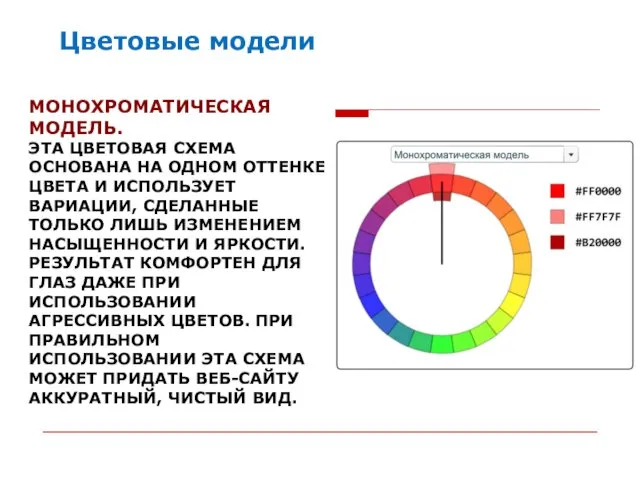 МОНОХРОМАТИЧЕСКАЯ МОДЕЛЬ. ЭТА ЦВЕТОВАЯ СХЕМА ОСНОВАНА НА ОДНОМ ОТТЕНКЕ ЦВЕТА И