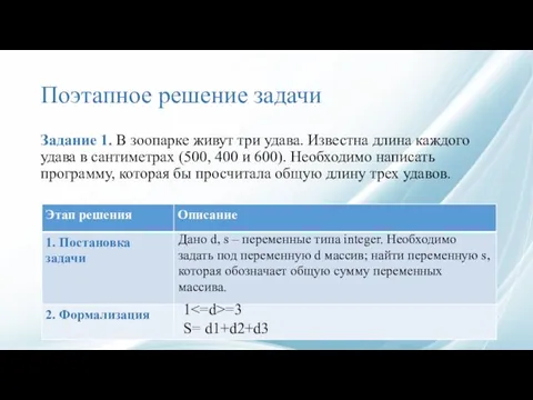 Поэтапное решение задачи Задание 1. B зоопарке живут три удава. Известна