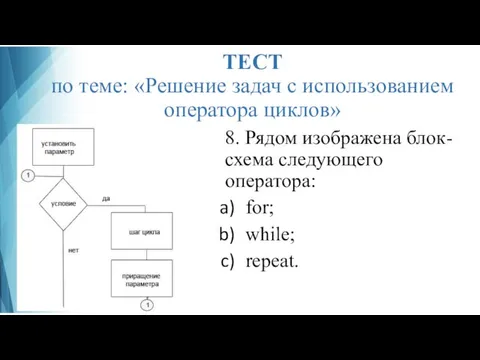 ТЕСТ по теме: «Решение задач с использованием оператора циклов» 8. Рядом