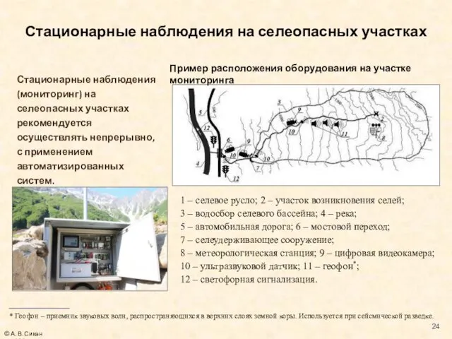 Пример расположения оборудования на участке мониторинга 1 – селевое русло; 2