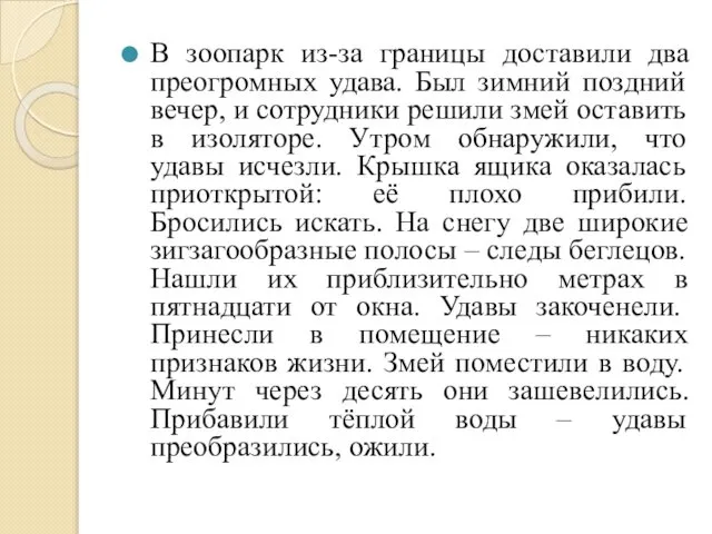 В зоопарк из-за границы доставили два преогромных удава. Был зимний поздний