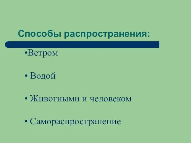 Способы распространения: Ветром Водой Животными и человеком Самораспространение