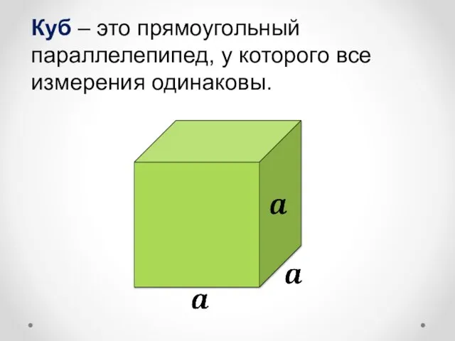 Куб – это прямоугольный параллелепипед, у которого все измерения одинаковы.