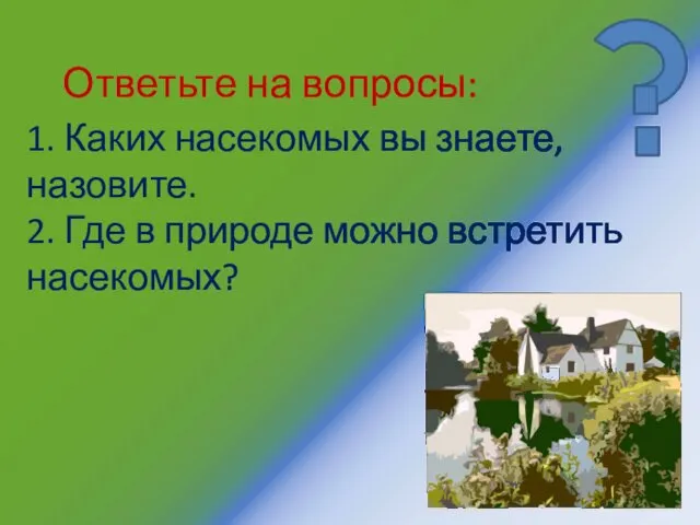 1. Каких насекомых вы знаете, назовите. 2. Где в природе можно встретить насекомых? Ответьте на вопросы: