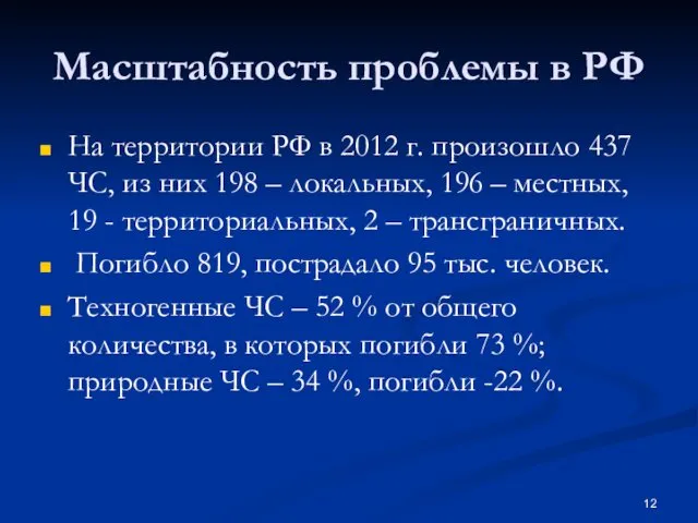 Масштабность проблемы в РФ На территории РФ в 2012 г. произошло