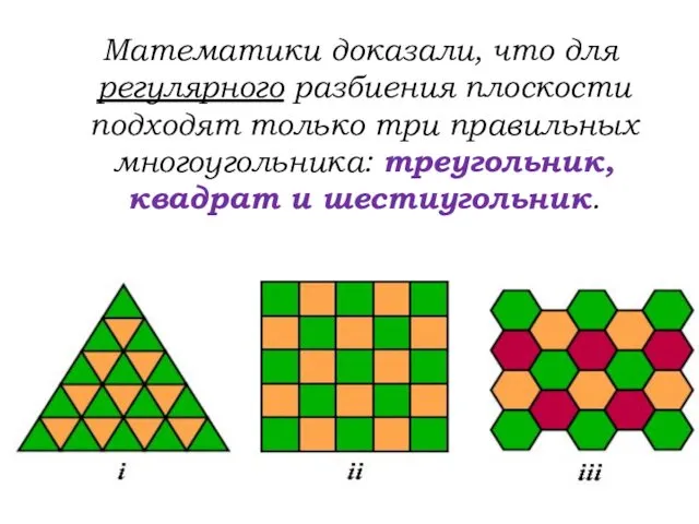Математики доказали, что для регулярного разбиения плоскости подходят только три правильных многоугольника: треугольник, квадрат и шестиугольник.