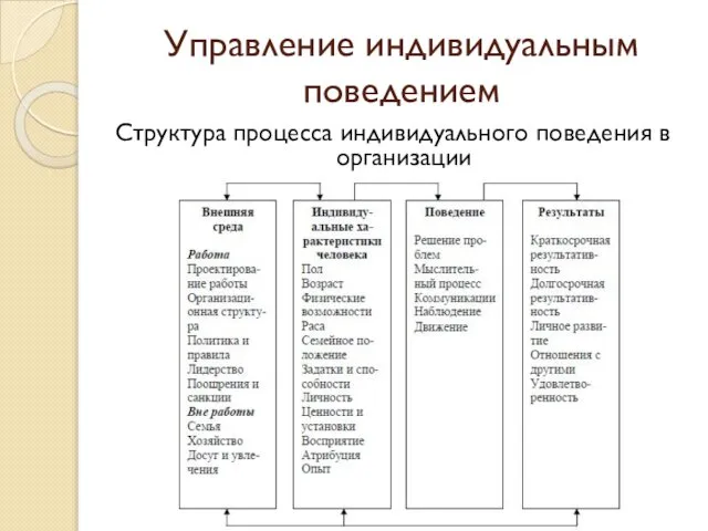 Управление индивидуальным поведением Структура процесса индивидуального поведения в организации