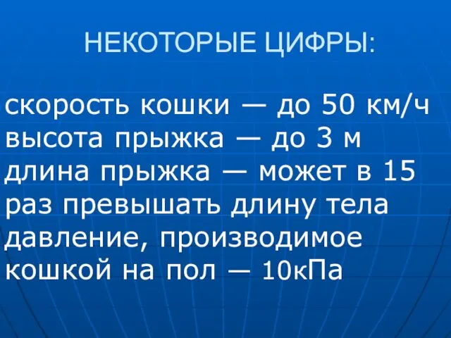 НЕКОТОРЫЕ ЦИФРЫ: скорость кошки — до 50 км/ч высота прыжка —