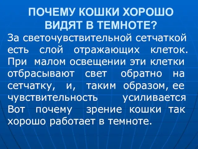 ПОЧЕМУ КОШКИ ХОРОШО ВИДЯТ В ТЕМНОТЕ? За светочувствительной сетчаткой есть слой