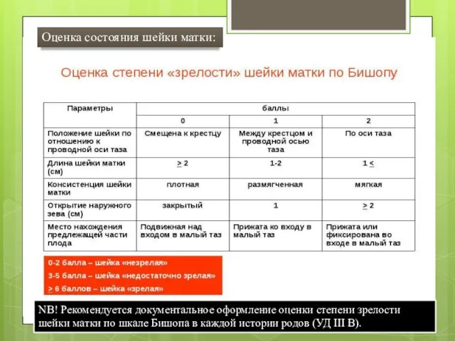 Оценка состояния шейки матки: NB! Рекомендуется документальное оформление оценки степени зрелости