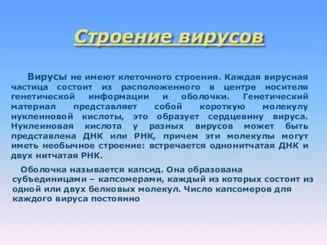 Строение вирусов Вирусы не имеют клеточного строения. Каждая вирусная частица состоит