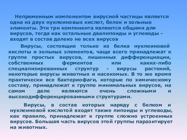 Непременным компонентом вирусной частицы является одна из двух нуклеиновых кислот, белок