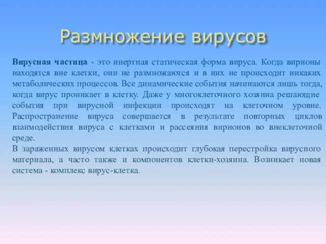 Размножение вирусов Вирусная частица - это инертная статическая форма вируса. Когда