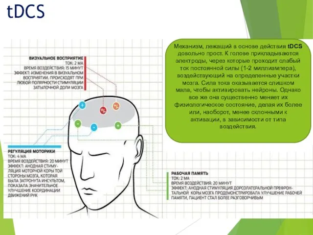 tDCS Механизм, лежащий в основе действия tDCS довольно прост. К голове