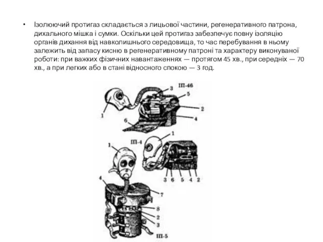 Ізолюючий протигаз складається з лицьової частини, регенеративного патрона, дихального мішка і