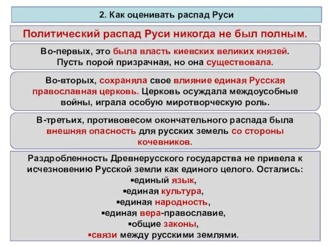 2. Как оценивать распад Руси Политический распад Руси никогда не был