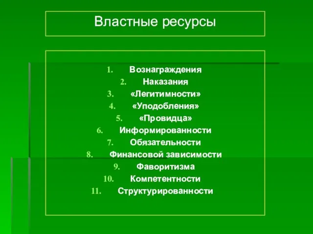 Властные ресурсы Вознаграждения Наказания «Легитимности» «Уподобления» «Провидца» Информированности Обязательности Финансовой зависимости Фаворитизма Компетентности Структурированности