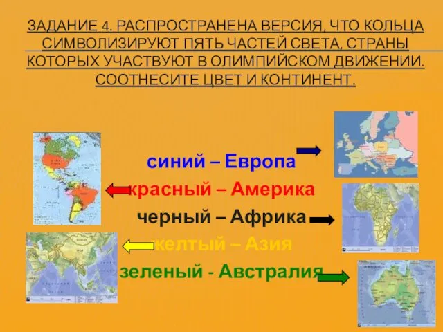 синий – Европа красный – Америка черный – Африка желтый –