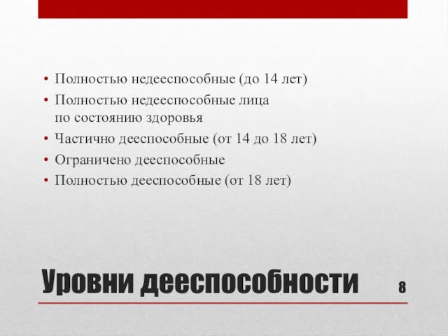 Уровни дееспособности Полностью недееспособные (до 14 лет) Полностью недееспособные лица по