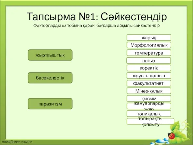 Тапсырма №1: Сәйкестендір Факторларды өз тобына қарай бағдарша арқылы сәйкестендір жыртқыштық