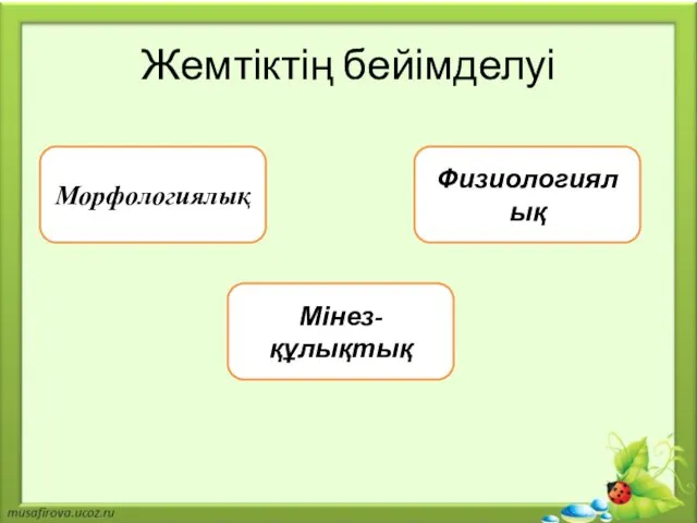 Жемтіктің бейімделуі Морфологиялық Мінез-құлықтық Физиологиялық