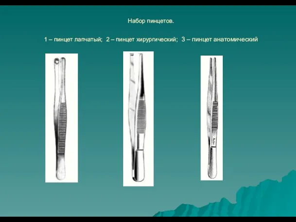 Набор пинцетов. 1 – пинцет лапчатый; 2 – пинцет хирургический; 3 – пинцет анатомический