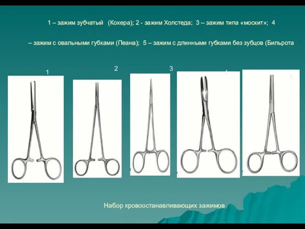 1 – зажим зубчатый (Кохера); 2 - зажим Холстеда; 3 –