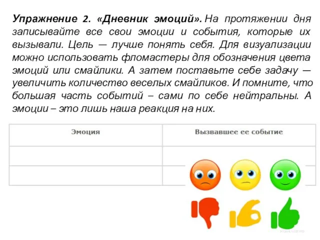 Упражнение 2. «Дневник эмоций». На протяжении дня записывайте все свои эмоции