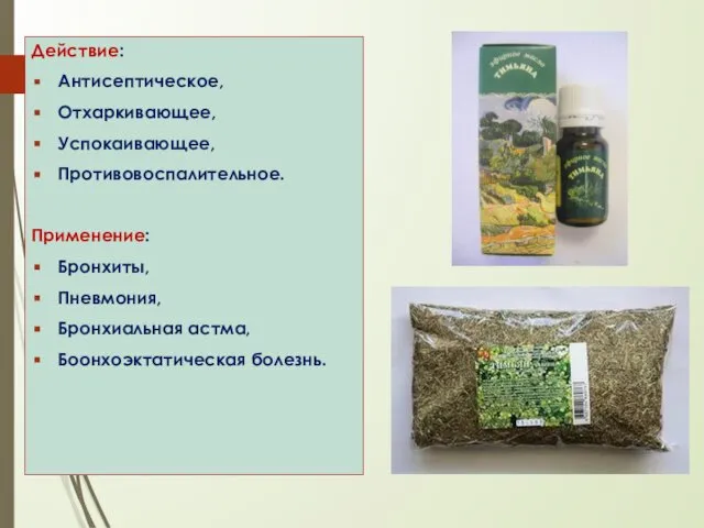 Действие: Антисептическое, Отхаркивающее, Успокаивающее, Противовоспалительное. Применение: Бронхиты, Пневмония, Бронхиальная астма, Боонхоэктатическая болезнь.