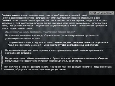 Инфекционные осложнения боевых повреждений Гнойные затеки - это наполненные гноем полости,