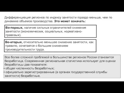 Во-первых, наличие сильных ограничителей снижения занятости (экономических, социальных, нормативно-правовых). Во-вторых, относительно