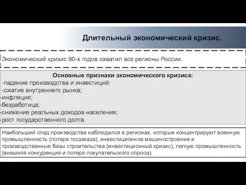 Экономический кризис 90-х годов охватил все регионы России. Длительный экономический кризис.