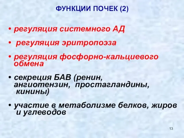 ФУНКЦИИ ПОЧЕК (2) регуляция системного АД регуляция эритропоэза регуляция фосфорно-кальциевого обмена