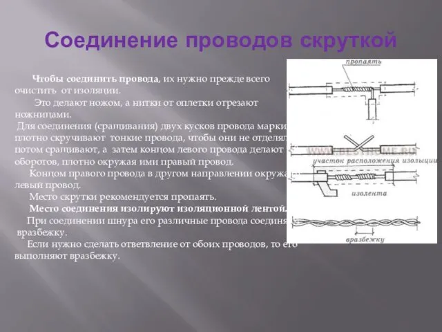 Соединение проводов скруткой Чтобы соединить провода, их нужно прежде всего очистить