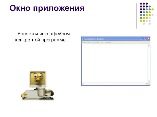 Окно приложения Является интерфейсом конкретной программы.