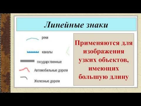 Линейные знаки Применяются для изображения узких объектов, имеющих большую длину