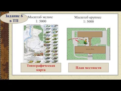 Масштаб крупнее 1: 5000 Масштаб мельче 1: 5000 Топографическая карта План местности Задание 6 в ТП