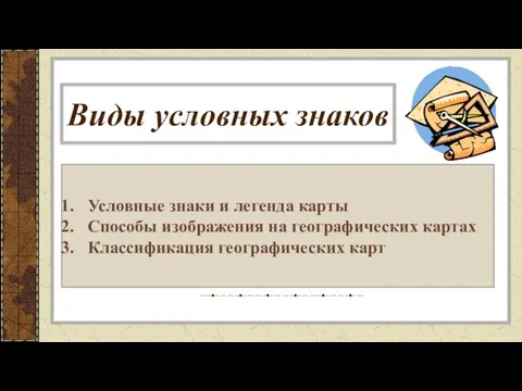 Виды условных знаков Условные знаки и легенда карты Способы изображения на географических картах Классификация географических карт