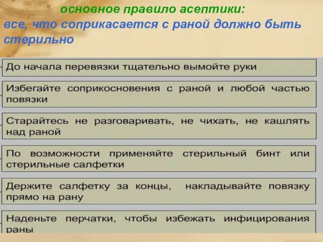 основное правило асептики: все, что соприкасается с раной должно быть стерильно