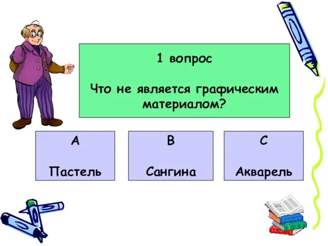 1 вопрос Что не является графическим материалом? А Пастель В Сангина С Акварель