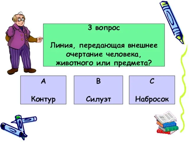 3 вопрос Линия, передающая внешнее очертание человека, животного или предмета? А Контур В Силуэт С Набросок