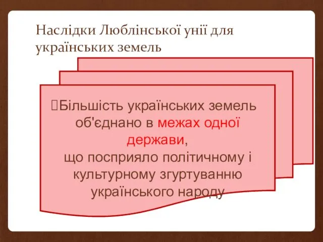 Наслідки Люблінської унії для українських земель Більшість українських земель об'єднано в