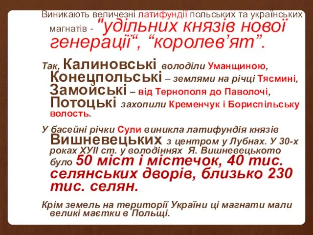 Виникають величезні латифундії польських та українських магнатів - "удільних князів нової