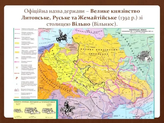 Офіційна назва держави – Велике князівство Литовське, Руське та Жемайтійське (1392 р.) зі столицею Вільно (Вільнюс).