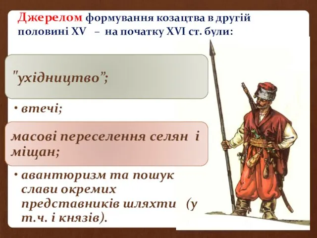 Джерелом формування козацтва в другій половині XV – на початку XVI ст. були: