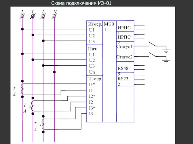 Схема подключения МЭ-01 ИРПС1 ИРПС2 Статус1 Статус2 RS485 RS232