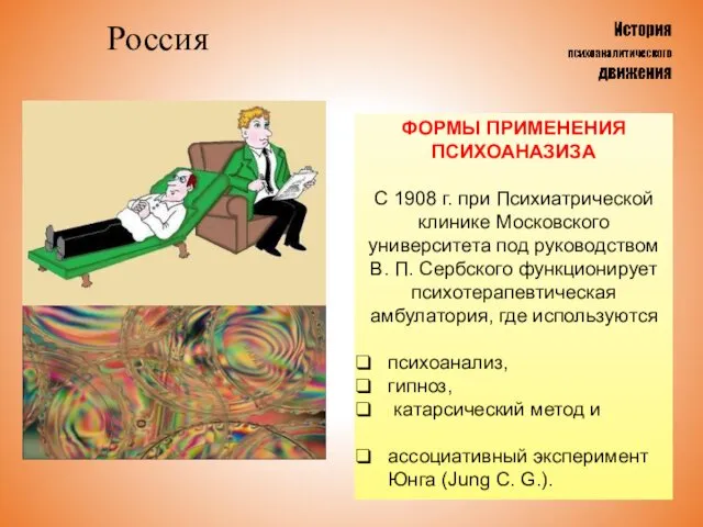 Россия ФОРМЫ ПРИМЕНЕНИЯ ПСИХОАНАЗИЗА С 1908 г. при Психиатрической клинике Московского