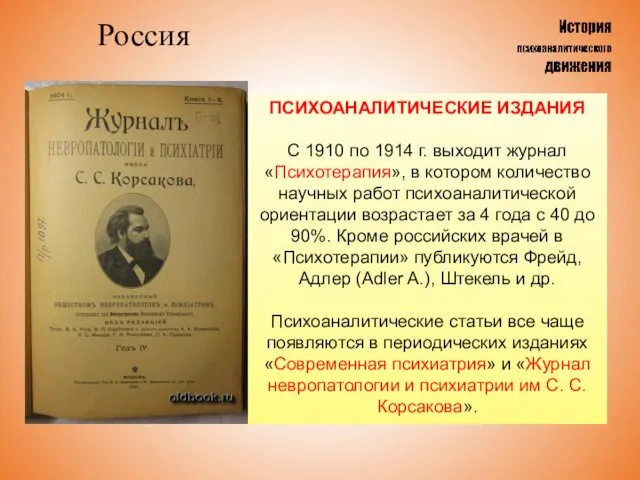 Россия ПСИХОАНАЛИТИЧЕСКИЕ ИЗДАНИЯ С 1910 по 1914 г. выходит журнал «Психотерапия»,