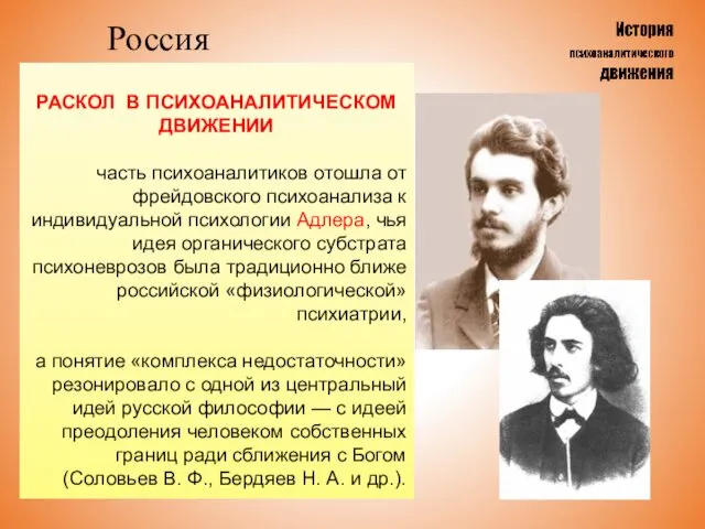 Россия РАСКОЛ В ПСИХОАНАЛИТИЧЕСКОМ ДВИЖЕНИИ часть психоаналитиков отошла от фрейдовского психоанализа